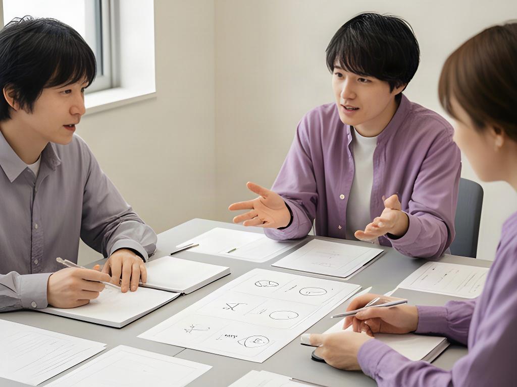 少人数の社内研修で、同僚同士が演習用の資料を確認している様子