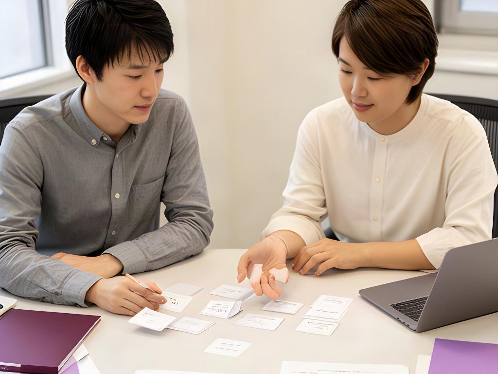 同僚と業務の流れや書類を確認する中小企業の担当者